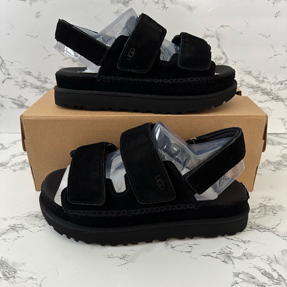 UGG Goldenstar Slingback Suede Platform Strap Sandals Slides Black